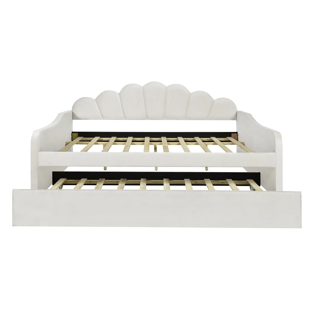 EUROCO Upholstery Full Size Platform Bed, Upholstered Daybed with Headboard and Trundle, Beige