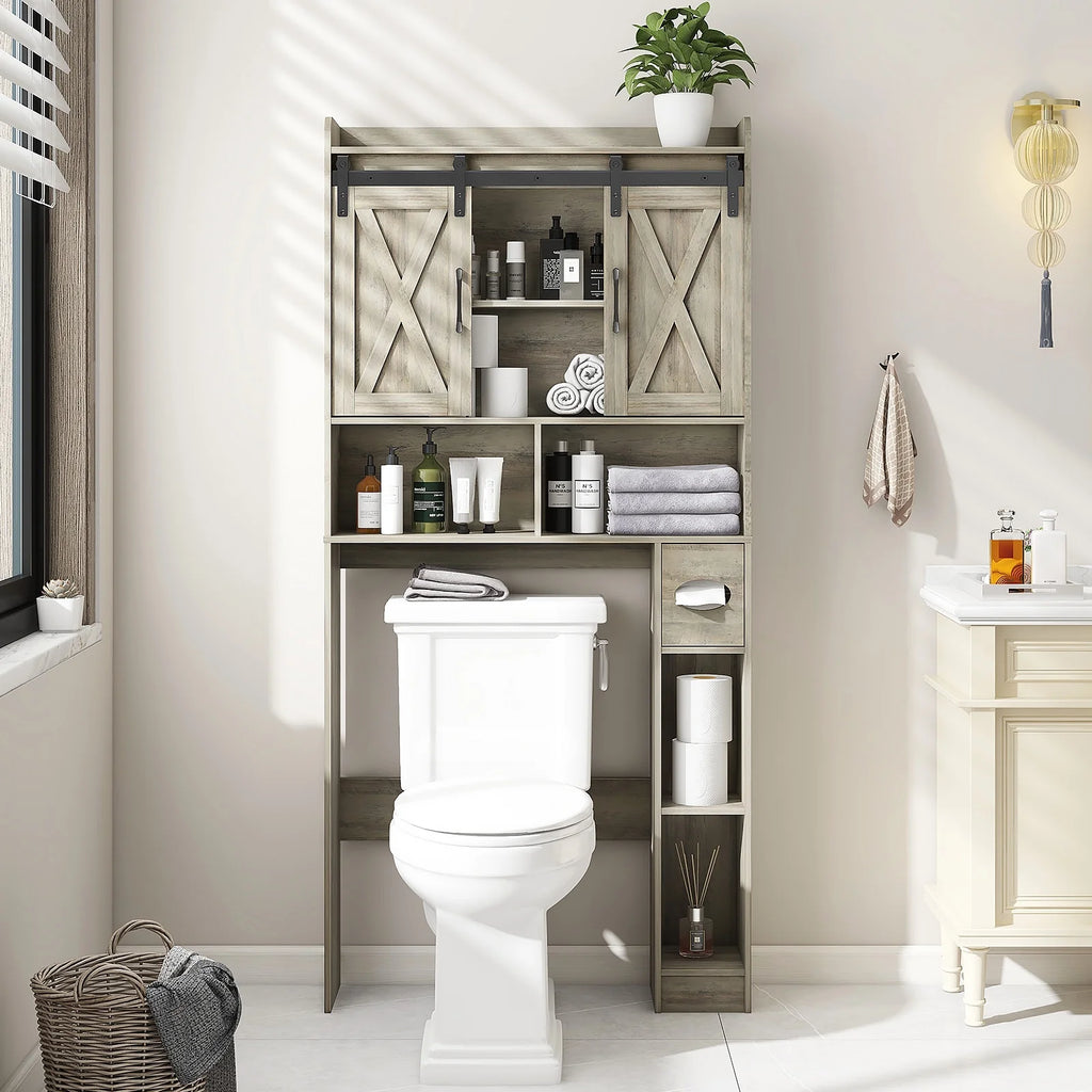 Over The Toilet Storage Cabinet, Farmhouse Storage Cabinet Over Toilet with Sliding Doors��Home Space-Saving Toilet Rack, for Bathroom, Restroom, Laundry