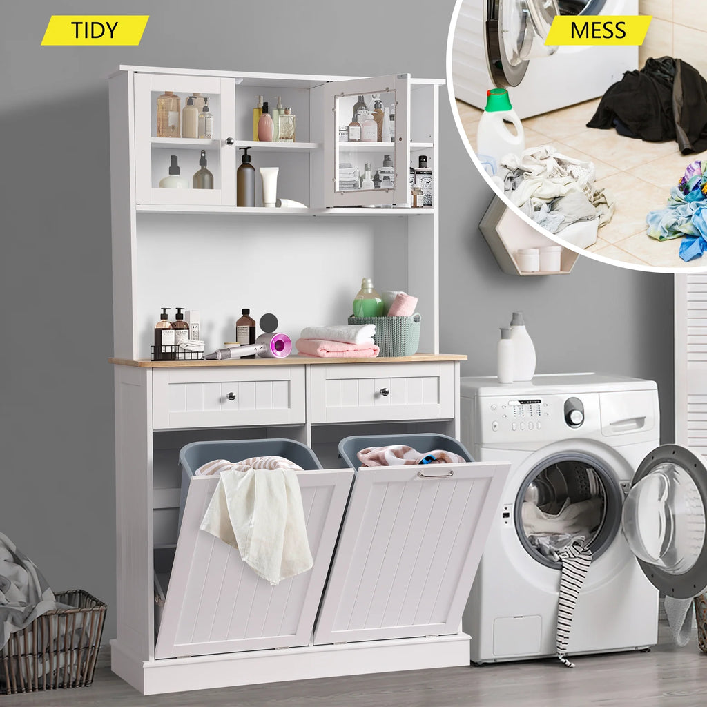 KIGOTY Dual Kitchen Trash Cabinet, Double Tilt Out Trash Can Cabinet with Countertop and Drawer, Free-Standing Pet Proof Recycling Cabinet Garbage Can Holder, Wood (White)