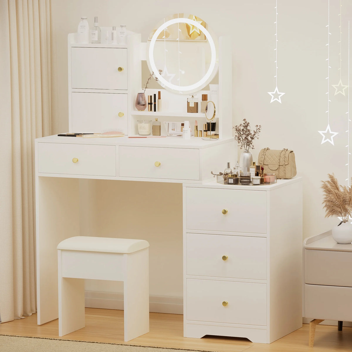 Montary Modern Mini Vanity w/Adjustable LED Mirror + Hidden Storage, Padded Stool & Dustproof Shelves (White)