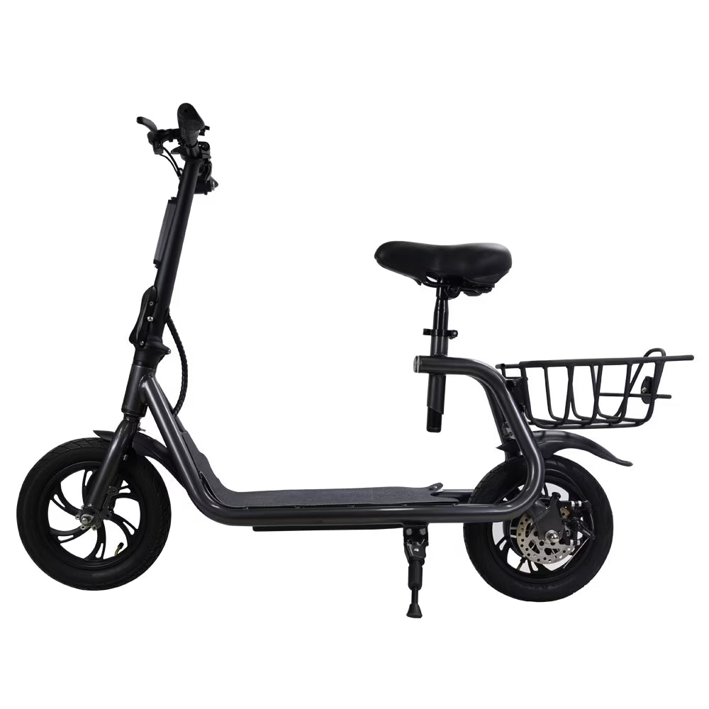 Electric Scooter Adult with Seat, 12 inch Tires 350W Motor Foldable E-Bicycle with Basket Dual Disc Brakes