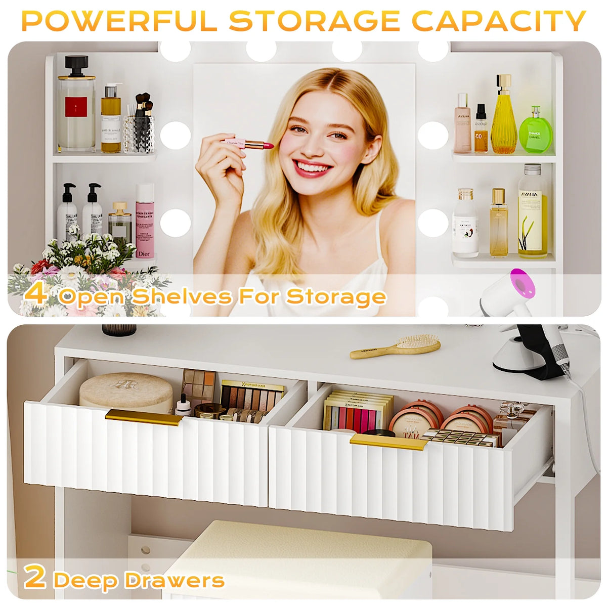 Ktaxon Lighted Makeup Vanity, White Vanity Table Set with 2 Drawer and Charging Station, Femal Gift