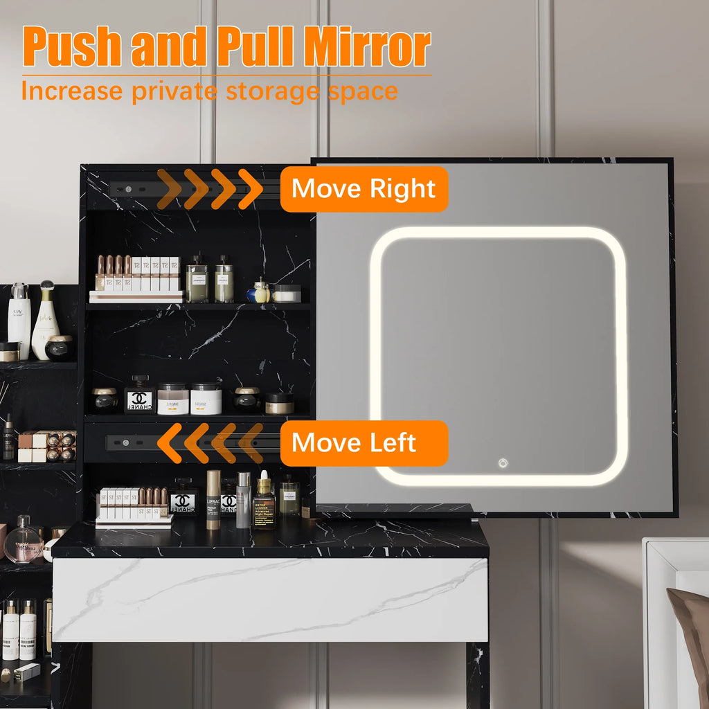 Vanity Desk with Sliding Mirror and Lights, Makeup Vanity Set with 4 Drawers, Stool, Power Outlet, Open Shelves, 3 Color Adjustable Lighting Modes, Makeup Dressing Table for Bedroom, White