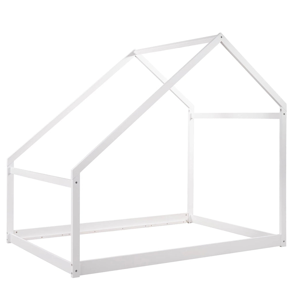 Full Size House Bed, Wooden Floor Bed Frame with Roof for Toddlers Kids Girls Boys, Can be Decorated, White 77.8"L x 56.8"W x73.2"H