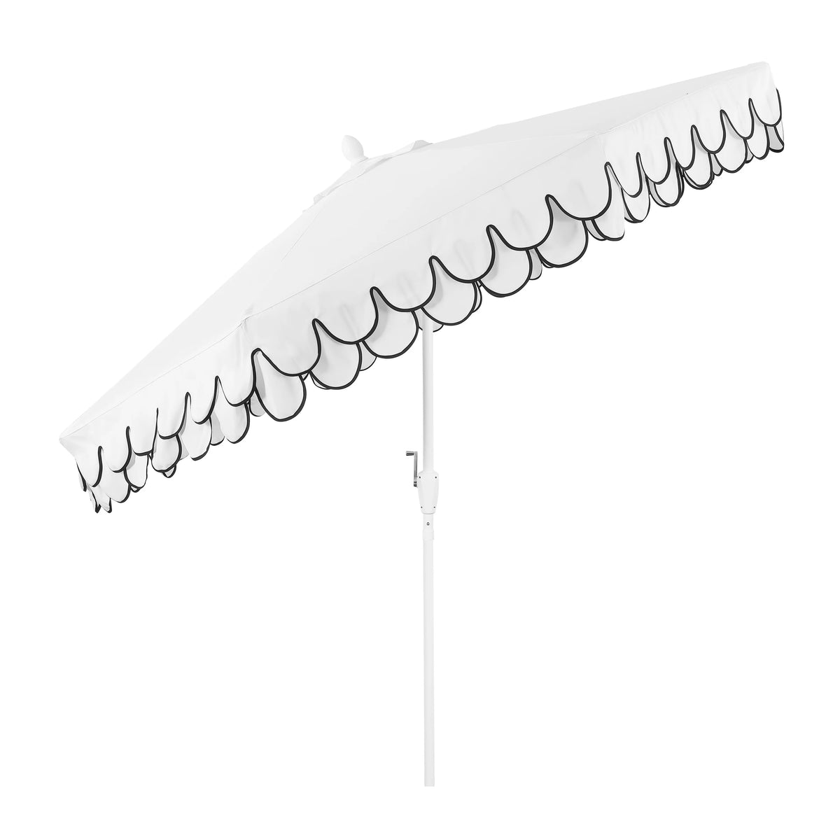 JONATHAN Y Tracy 9 ft. Market Patio Umbrella, Classic Mid-Century Scalloped Fringe, with Auto-Tilt Crank, Wind Vent and UV Protection, Coral Pink/White, Dark Brown Pole