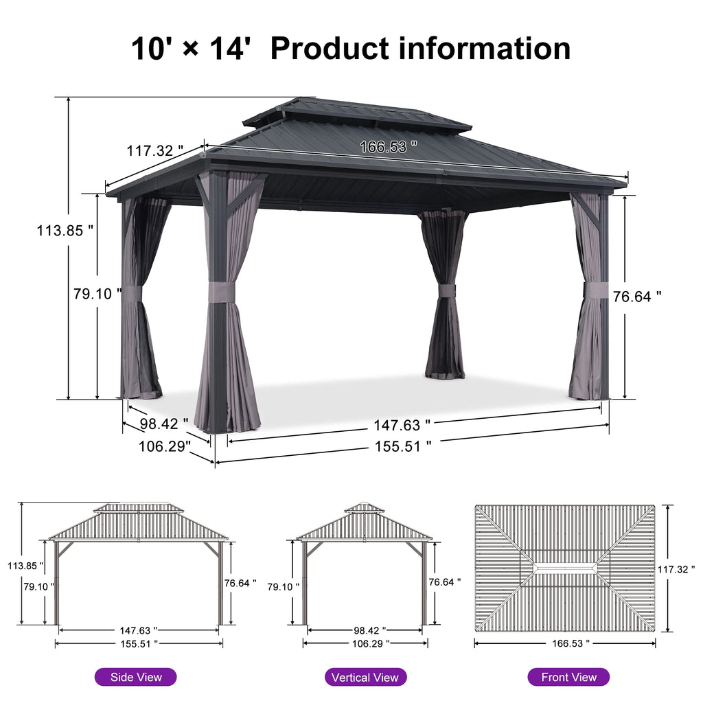 PURPLE LEAF 8' X 8' Gazebo Outdoor Gazebo Permanent Hardtop Gazebo with Galvanized Steel Double Roof for Patio Backyard Deck Aluminum Gazebo with Netting and Curtains Grey