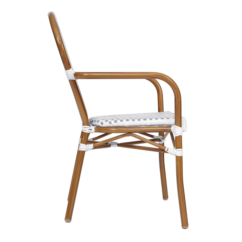 Merrick Lane Stacking Thonet French Bistro Style Chair with Arms, Black & White PE Rattan Seat, and Bamboo Finished Metal Frame for Indoor/Outdoor Use