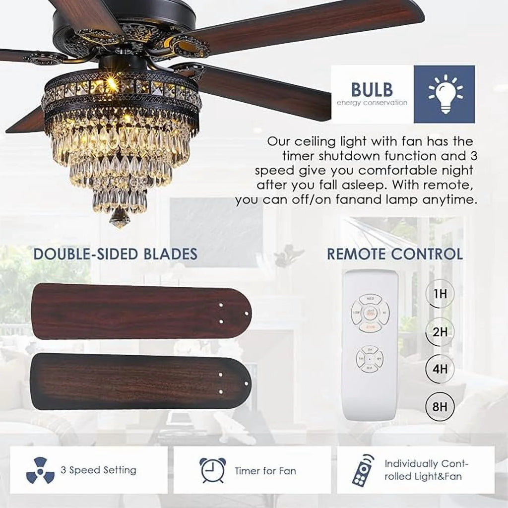 YIOSI 52" Crystal Ceiling Fan Fandelier with Remote Control, Modern Chrome Chandelier Ceiling Fan, Whisper-Quiet Motor, Reversible Blades, LED Lighting, Energy-Efficient, Elegant Living Room Fan