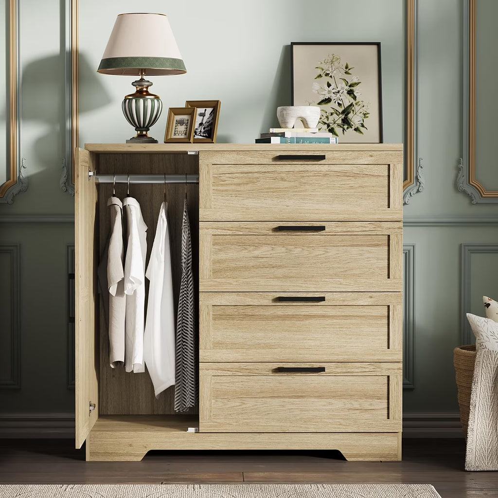 Ataucjin Wood Armoire Wardrobe Closet with 4 Drawers and Door, 43.3" H Bedroom Wardrobe Cabinet with Hanging Rod, Clothing Storage Cabinets, 4 Drawers Dresser with Storage Closet