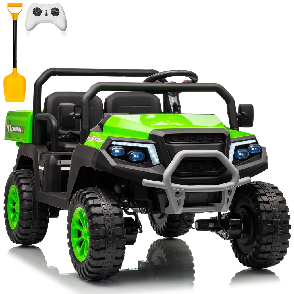 Joyracer 4WD 24 Volt Ride on Toys UTV with 2 Seater & Remote Control, Kids Electric Golf Cart w/ 4x200W Power Motors, Tiltable Trailer & Shovel, 4 Wheels Spring Suspension, Bluetooth USB Music, Black