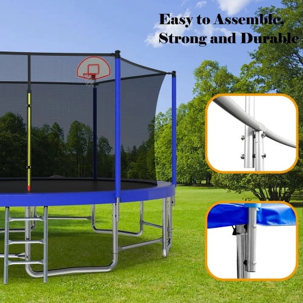16FT Trampoline for Kids and Adults,Outdoor Large Recreational Trampoline with Ladder and Basketball Hoop,Blue