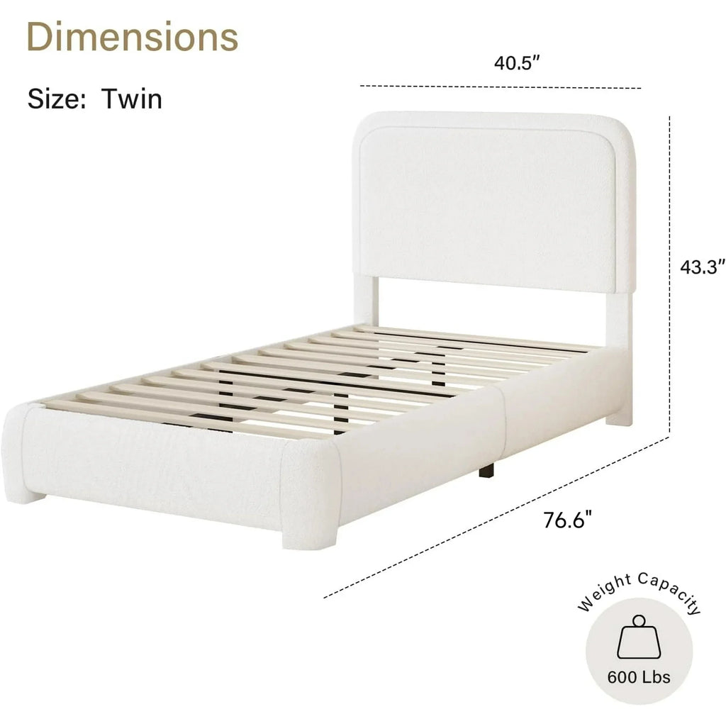 4 EVER WINNER Twin Size Bed Frame, Modern Bed Frame with Headboard, Boucle Fabric Upholstered Bed Frame, Soft Curved Headboard, Cream