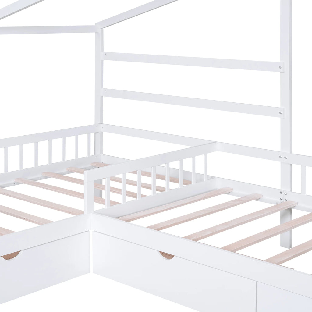 Bellemave House Bed Double Twin Beds, Wood L-Shape Twin Bed with 3 Storage Drawers, Montessori Bed with Roof and Fencefor Toddler Kids Girls Boys (White)