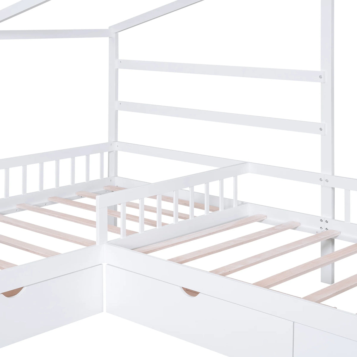 Bellemave House Bed Double Twin Beds, Wood L-Shape Twin Bed with 3 Storage Drawers, Montessori Bed with Roof and Fencefor Toddler Kids Girls Boys (White)