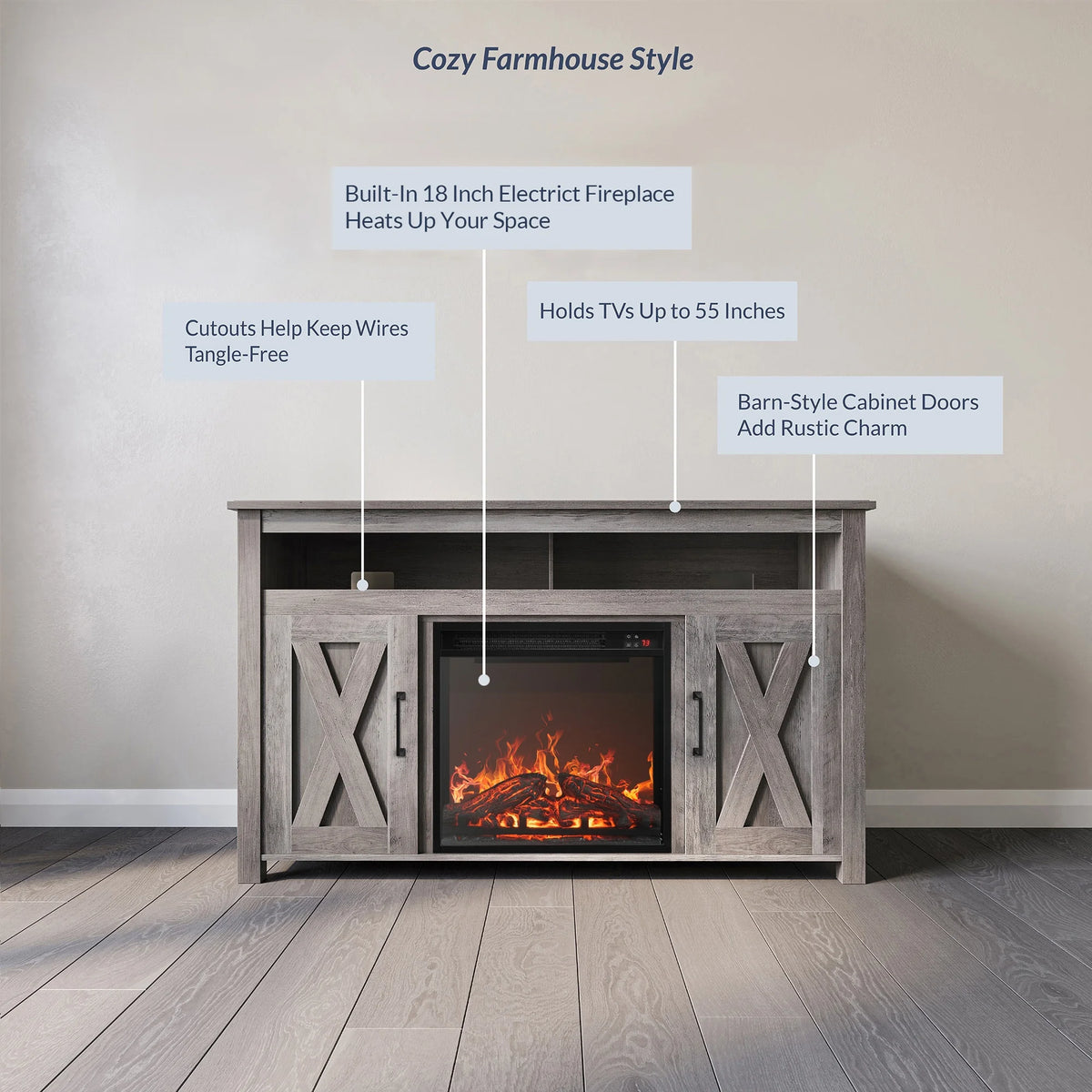 BELLEZE 58 Inch TV Stand, Contemporary Entertainment Center for TVs up to 65", Wood Media Console Table with Two Open Shelves and Barn Door Cabinets - Corin (White)