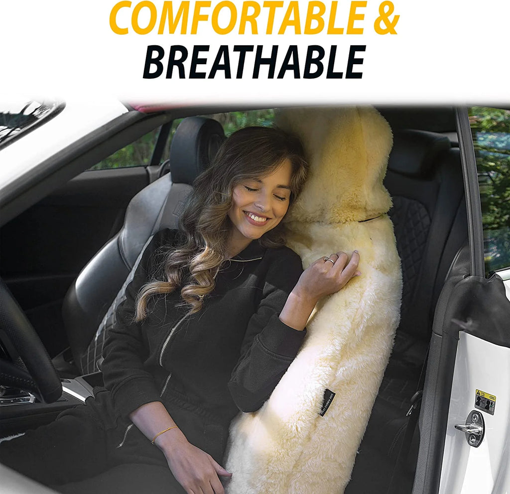 Zone Tech Genuine Sheepskin Ivory Car Seat Cover, Fluffy Luxury Wool Front Seat Covers, Universal Fits Car, Truck, SUV, & Van