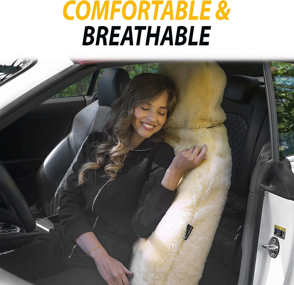 Zone Tech Genuine Sheepskin Ivory Car Seat Cover, Fluffy Luxury Wool Front Seat Covers, Universal Fits Car, Truck, SUV, & Van