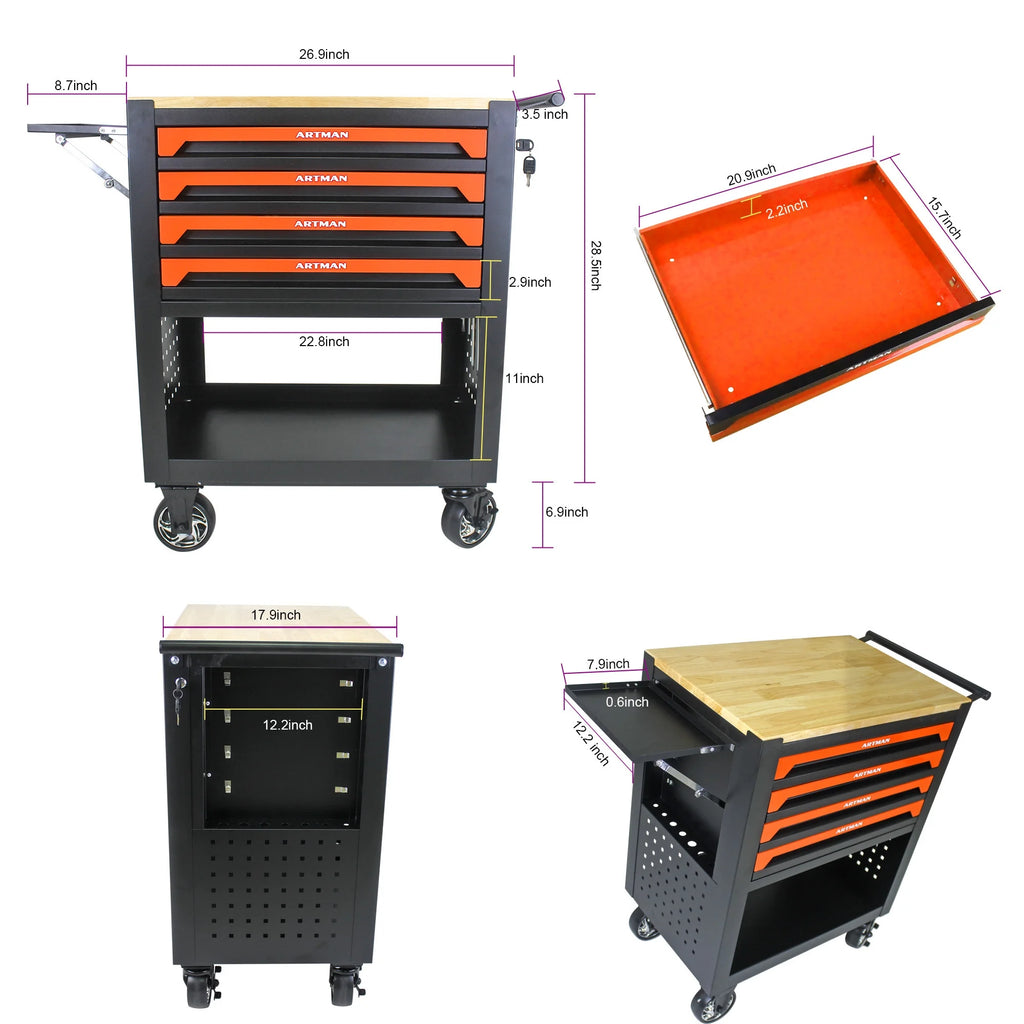 Aukfa 30 inch Mechanic's Tool Cart, 700 LB Capacity 4-Drawer Tool Chest on Wheels for Garage, Black