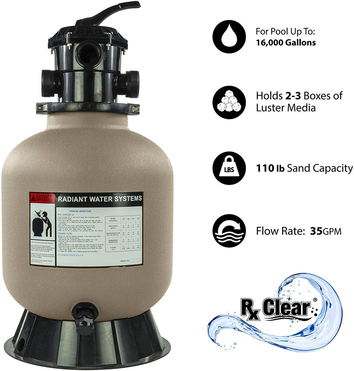 Rx Clear Radiant 22" Sand Filter with 6 Position Valve for Above-ground Swimming Pools