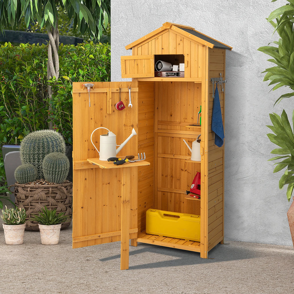 Costway Outdoor Lockable Wooden Storage Shed with Shelves, 71"x29.5"x20", Natural