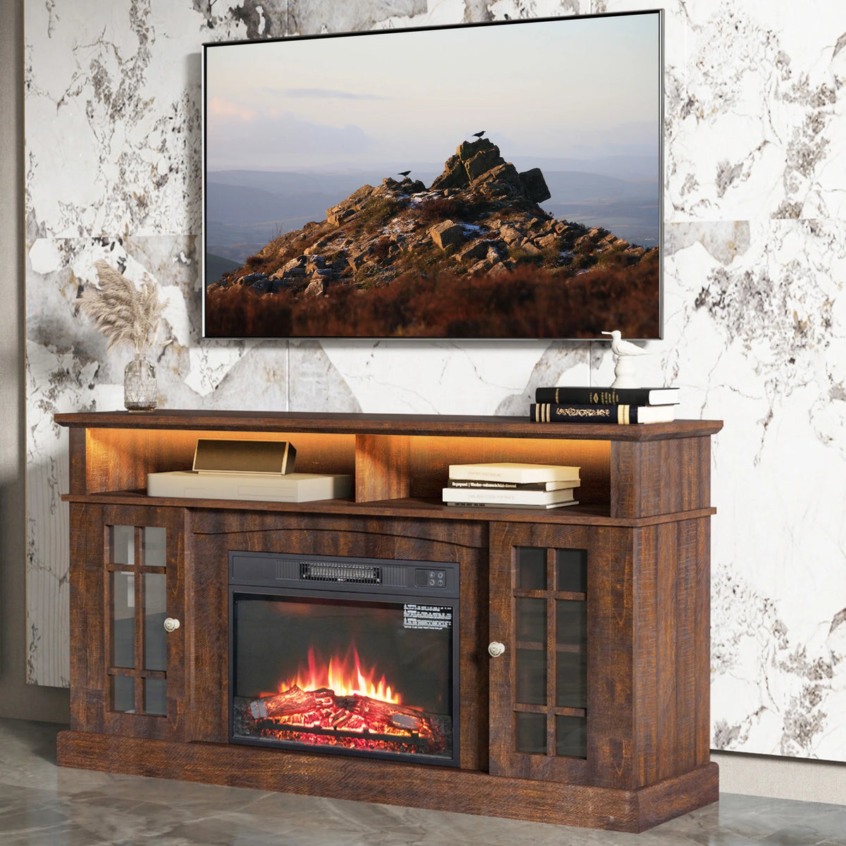 Electric Fireplace TV Stand for 65" TV, Farmhouse TV Stand for Living Room with Adjustable Shelves and Glass Doors, Media Console with Wireless Remote Control Virtual Flame Fireplace, Gray