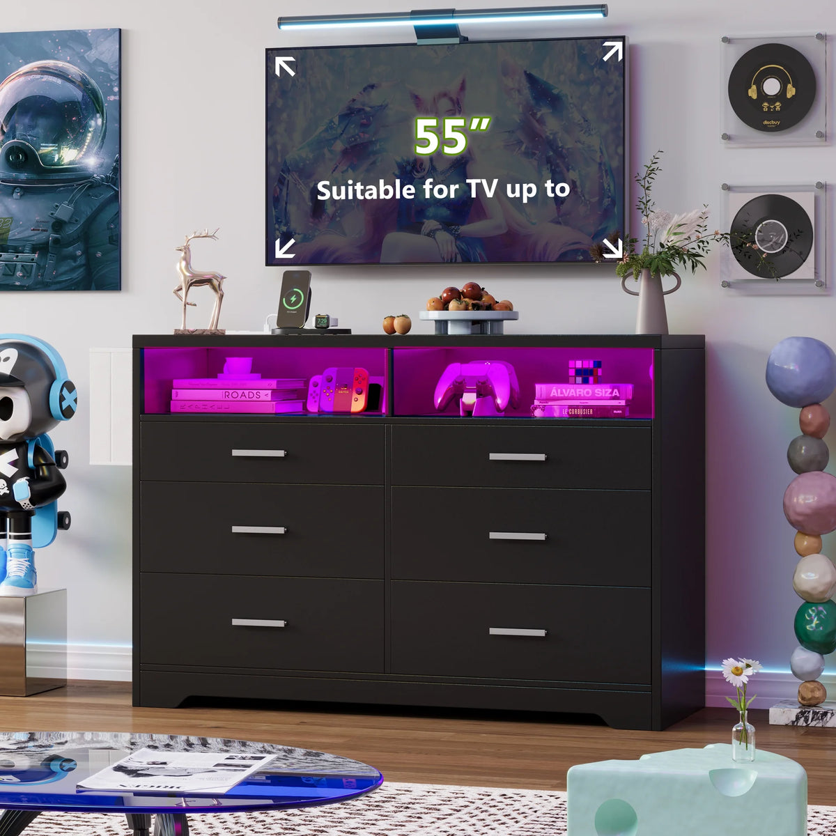 White Dresser for Bedroom,6 Drawers Dresserwith LED Lights and Charging Station, 47" Wide Bedroom Dresser Chest of Drawers Storage Organizer TV Stand for up to 55" TV for Living Room