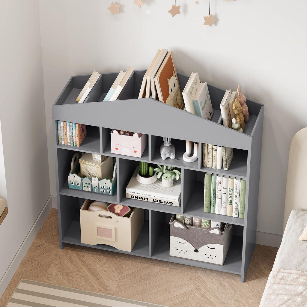 DSstyles Kids Bookshelf 9-Cubby Toy Storage Organizer White Bookcase Toddlers Playhouse Cabinet Shelf for Boys Girls Wooden Storage Toy Shelf for Playroom, Nursery, Kids Room