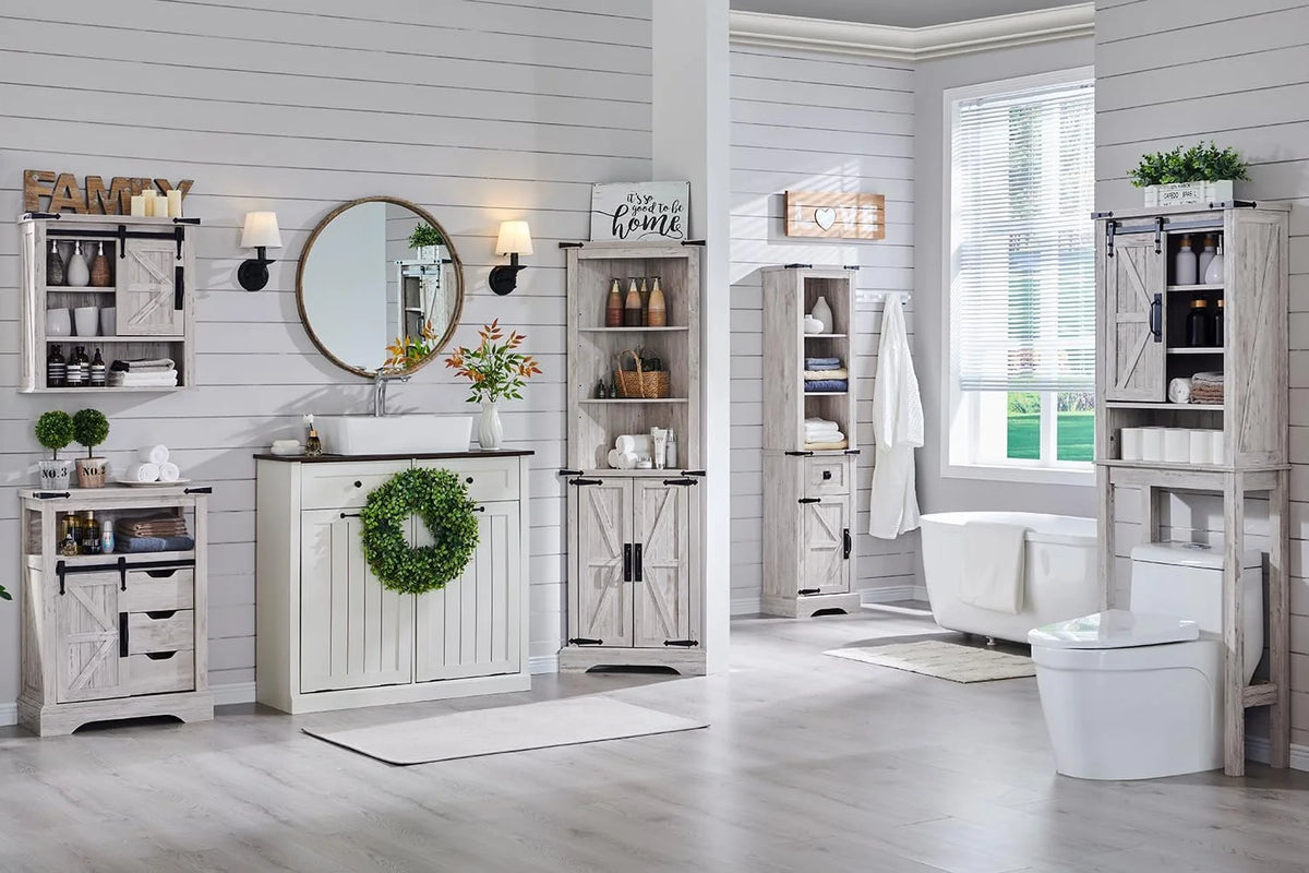 OKD Farmhouse Tall Corner Cabinet with Barn Door & Adjustable Shelves, 68" Rustic Wood Corner Cabinet with Storage Cabinet for Bathroom, Kitchen, Antique White