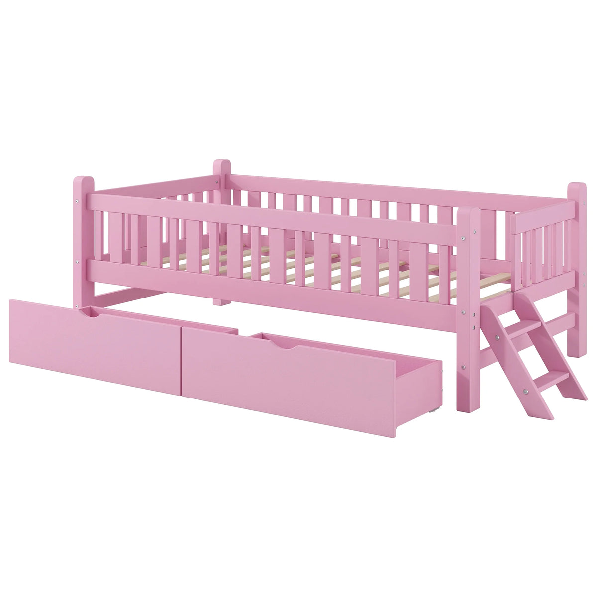 Euroco Wood Twin Size Platform Bed with 2 Drawers and Ladder for Kids and Toddlers, White