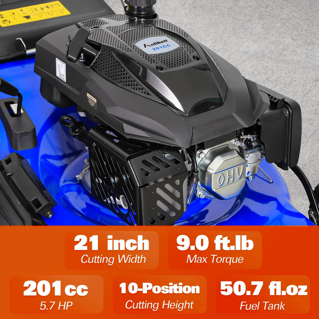 Anlibatt 21 Inch Gas Lawn Mower, Gasonline Lawnmower Walk-Behind Push Mowers With Bagging 201cc 5.7HP 4-Cycle OHV Engine, Adjustable Cutting Height Gas Powered Lawnmower