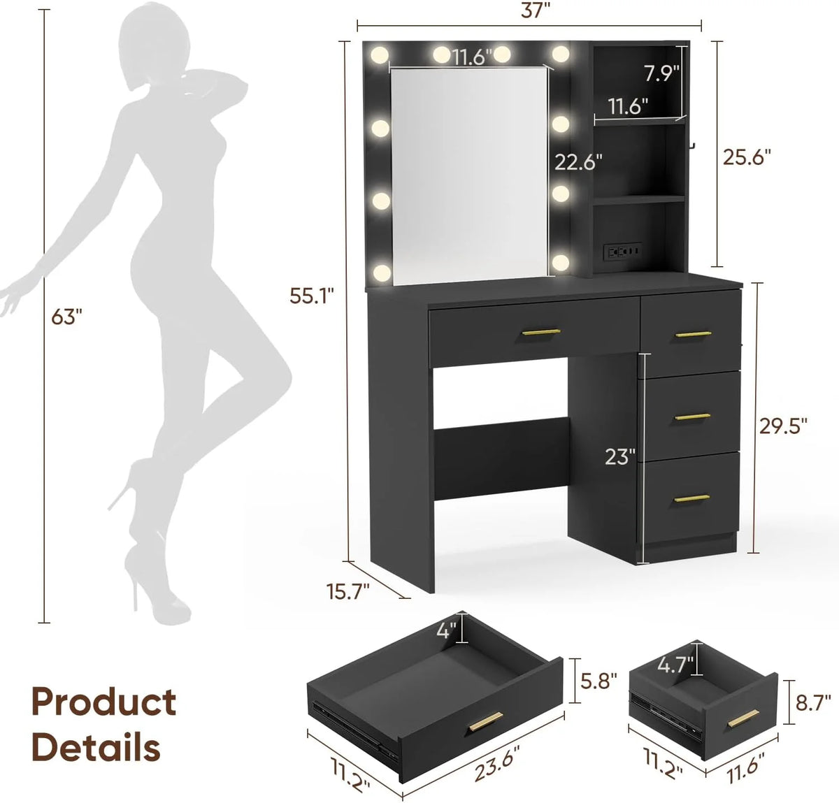 Makeup Vanity with Mirror and 3 Color Lights,Vanity Dressing Table with USB Charging Station,4 Drawers,Open Storage Shelves,White