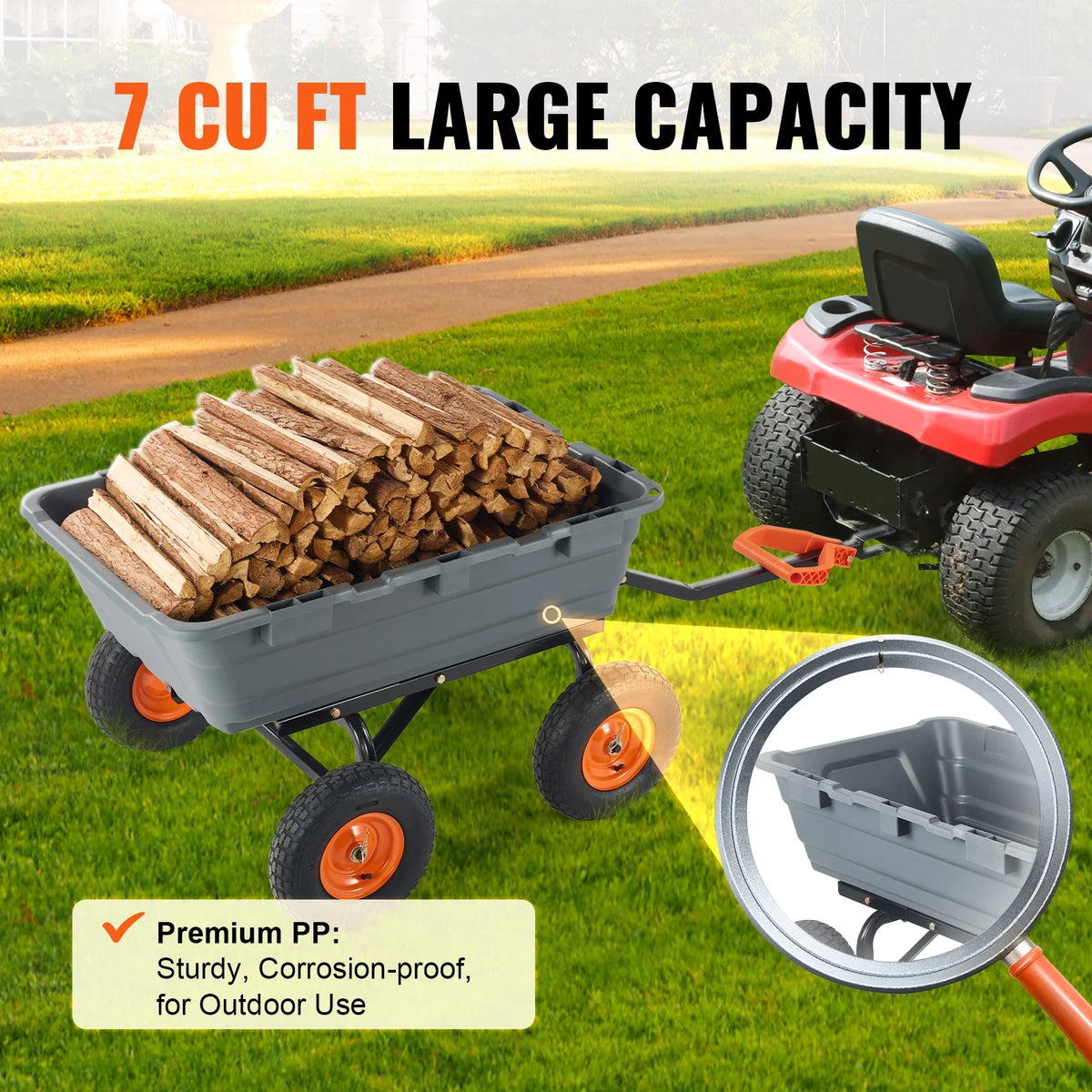 KFFKFF Garden Dump Cart, 35.8x19.5x8.2 in Dump Truck Cart, Max. 600lbs Load Capacity, 10in Rubber Tire, 180�� Adjustable Handle