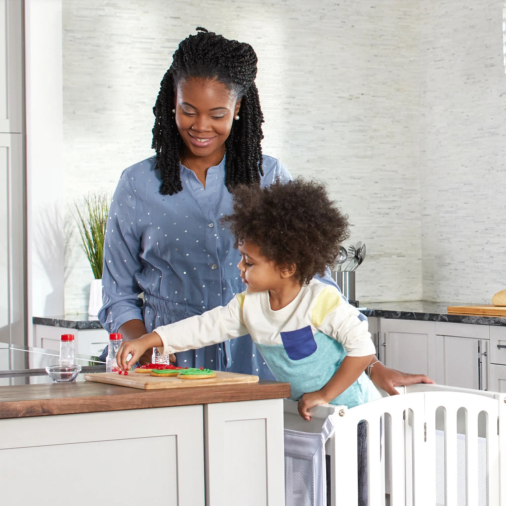 Guidecraft Contemporary Kitchen Helper Step Stool - White: Adjustable, Folding Montessori Toddler Tower - Safety Learning Furniture