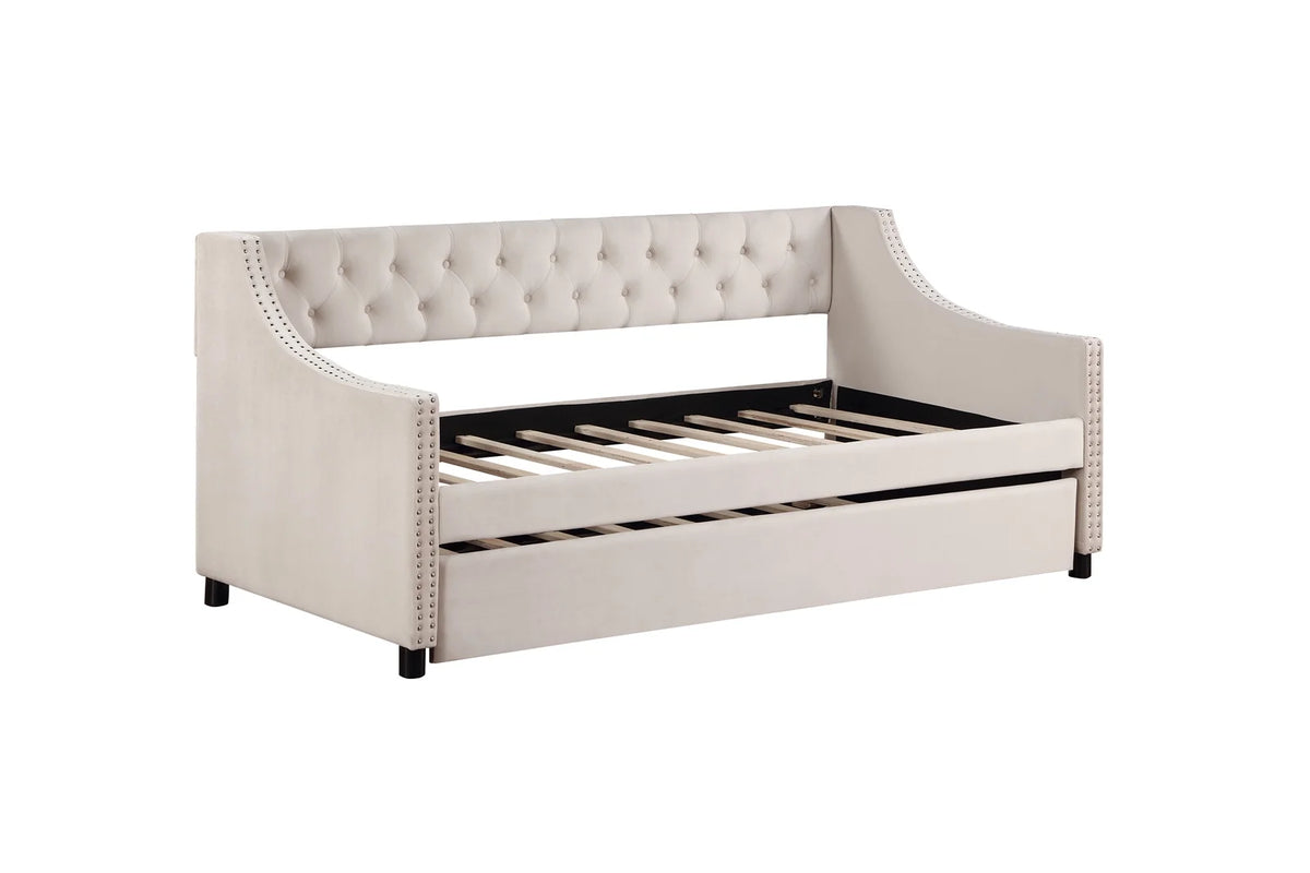 Daybed with Trundle, Twin Size Velvet Upholstered Daybed Frame with Tufted Button Back & Copper Nail on Arms, Wood Sofa Bed Frame for Living Room Bedroom, No Box Spring Needed, Grey