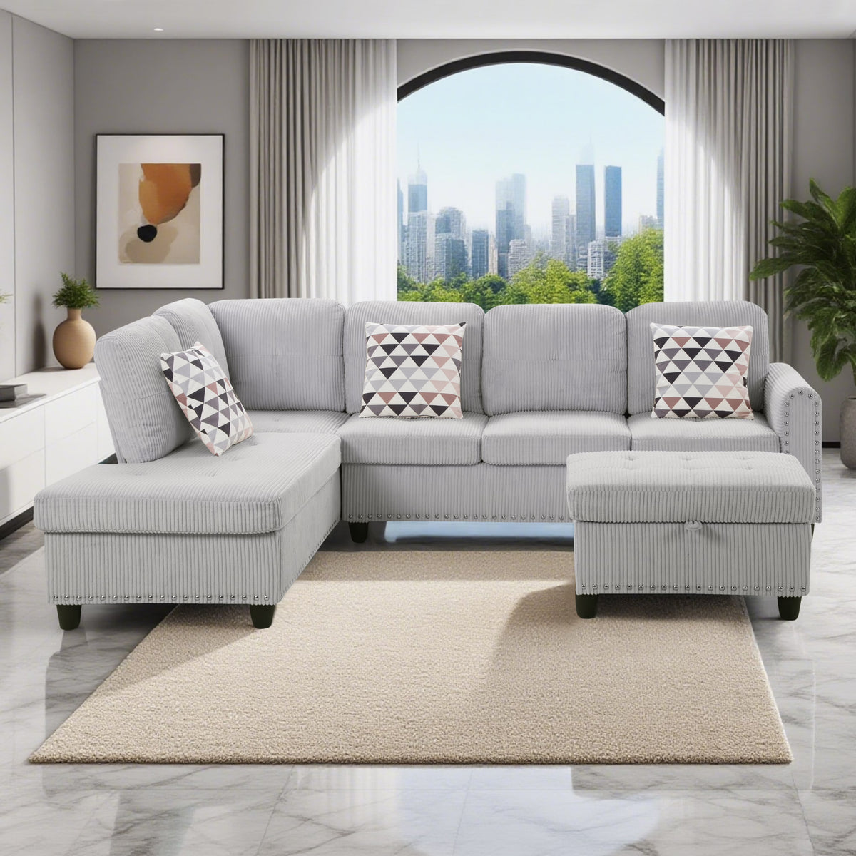 AENKYO 95�� L-Shaped Corduroy Modular Sectional Sofa with Ottoman & Cup Holders �C Living Room Couch for Apartments��Light Gray
