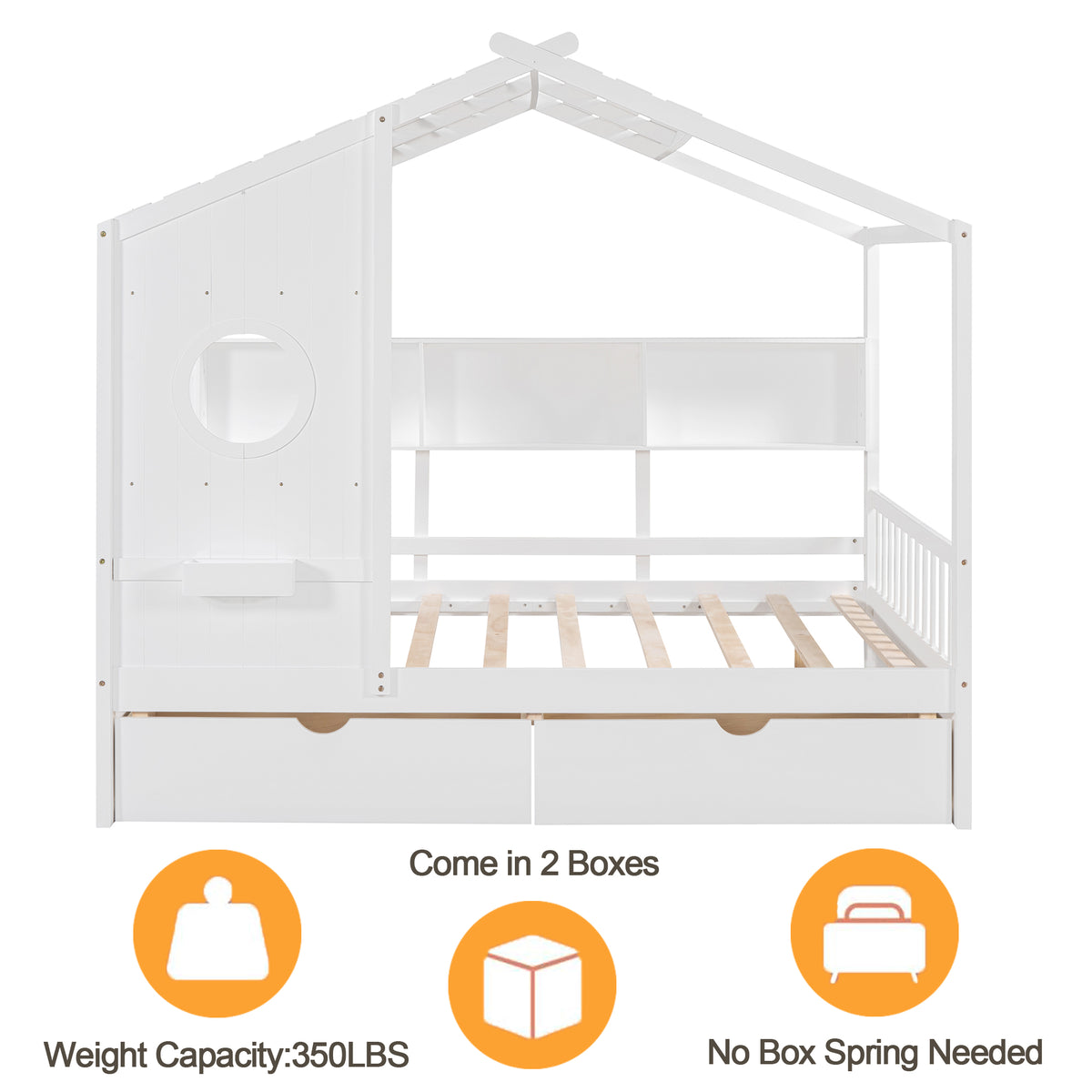 Bellemave House Bed with 2 Drawers and Storage Shelves, Wood Full Size Montessori Bed Frame with Roof and Window, Playhouse Bed for Bedroom (White)