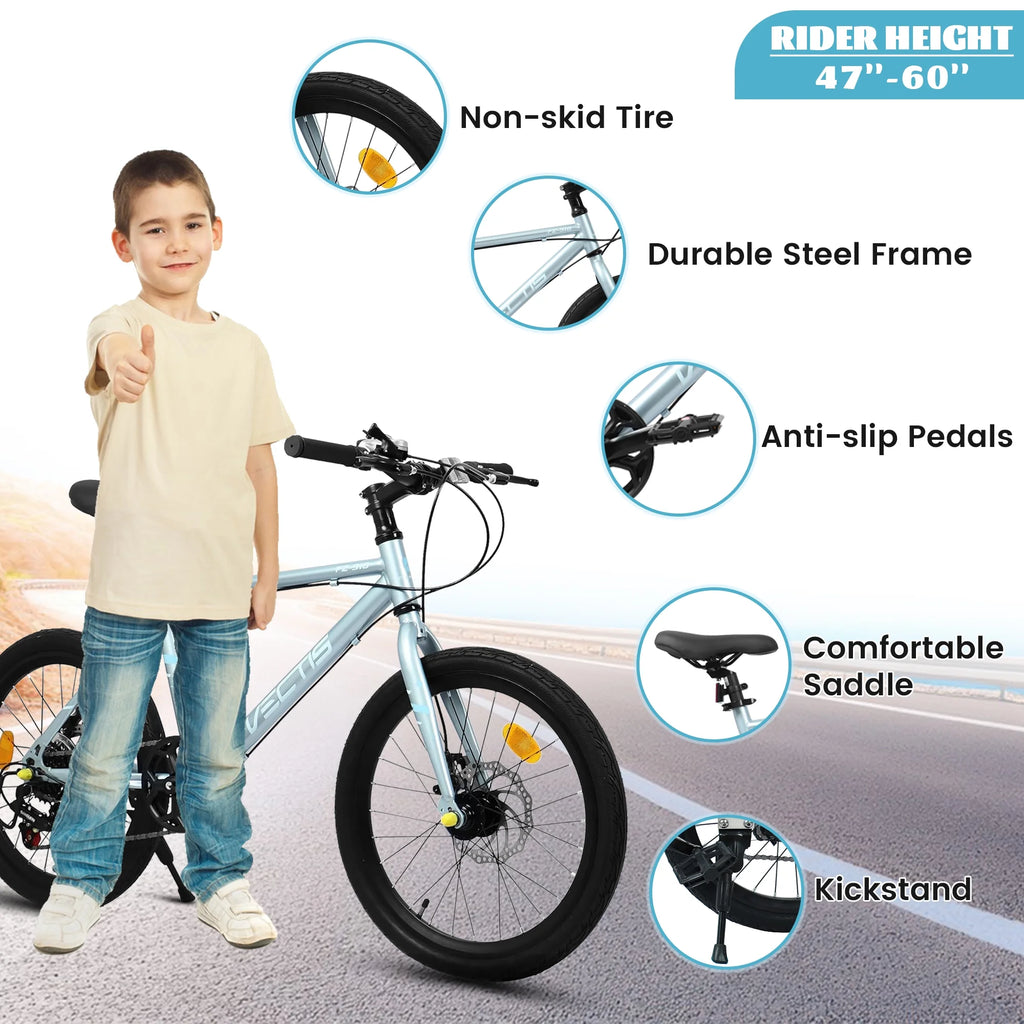 20 Inch Kids Bike for Boys Girls, 7-Speed Children Road Bike with Steel Frame and Dual Disc Brakes, Kids Road Bicycle for Ages 6-12 Years Old Birthday Gift, Silver