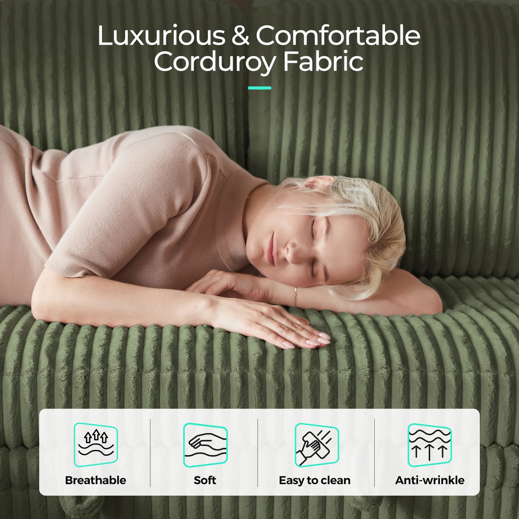 Linsy Home Plush Corduroy Pull Out Couch Chaise Lounge, Convertible Loveseat Sofa Couch With Usb & Cup Holder, Green