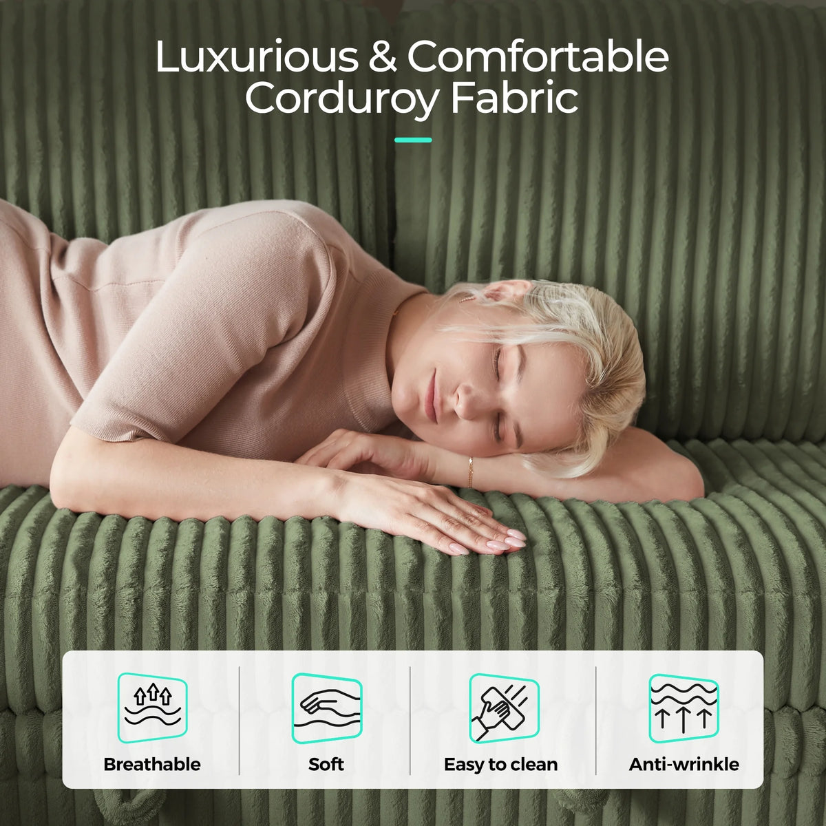 Linsy Home Plush Corduroy Pull Out Couch Chaise Lounge, Convertible Loveseat Sofa Couch With Usb & Cup Holder, Green