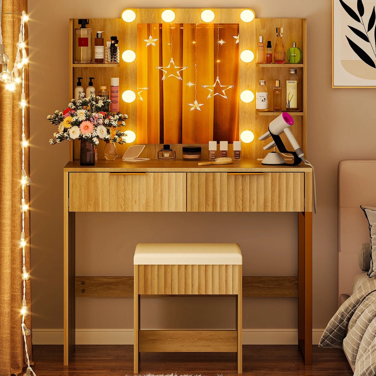 Ktaxon Lighted Makeup Vanity, White Vanity Table Set with 2 Drawer and Charging Station, Femal Gift