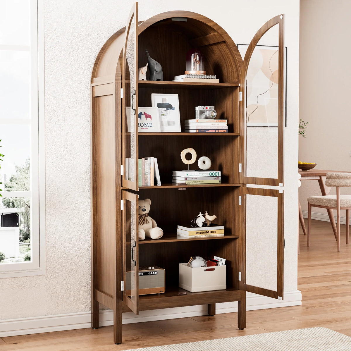 Tall Arched Storage Display Cabinet 5-Shelf with Acrylic Glass Doors, Kitchen Pantry Storage Cabinet Accent Cabinet Bookcase for Living Dining Room