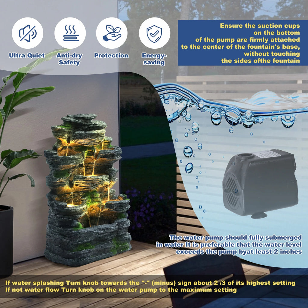 Haverchair 7 Tier Cascading Rock Outdoor Water Fountain, Garden Freestanding Rockery Natural Waterfall Fountains Outdoor with LED Light, Soothing Tranquility Fountains for Home Garden Yard, 24"H