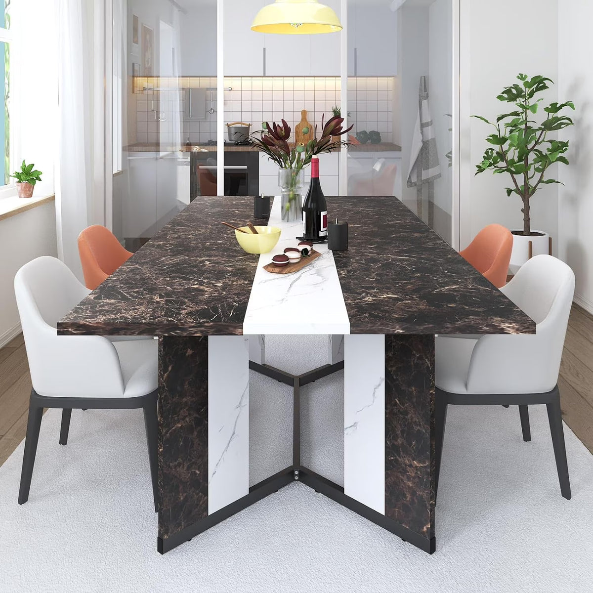 71 inch Large Rectangular Dining Table for 6-8 People, Dining Table with Marble-Color Wood Waterproof Tabletop and Adjustable Leg, 6ft Luxurious Family Dinner Table for Office Kitchen Living Room