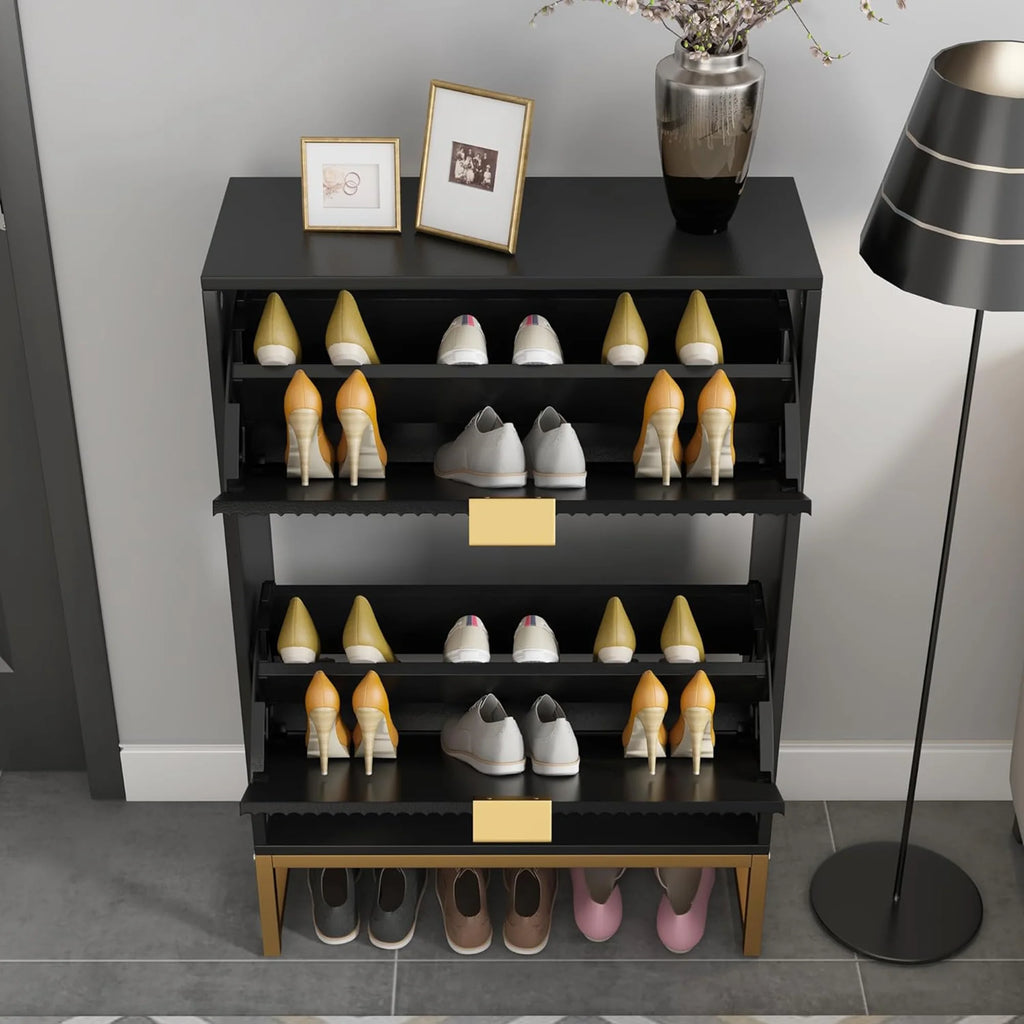 Oubayajia Modern Shoe Storage Cabinet, Wood Shoe Rack Organizer with 2 Flip Drawers, Freestanding Narrow Shoe Cabinet for Entryway Hallway, Natural