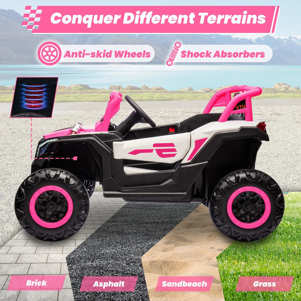 Joyracer 4WD 24 Volt Ride on Toys, 2 Seater Power Car wheels UTV with 800W Motors, Remote Control, Bluetooth Music, Spring Suspension, LED Light, Pink