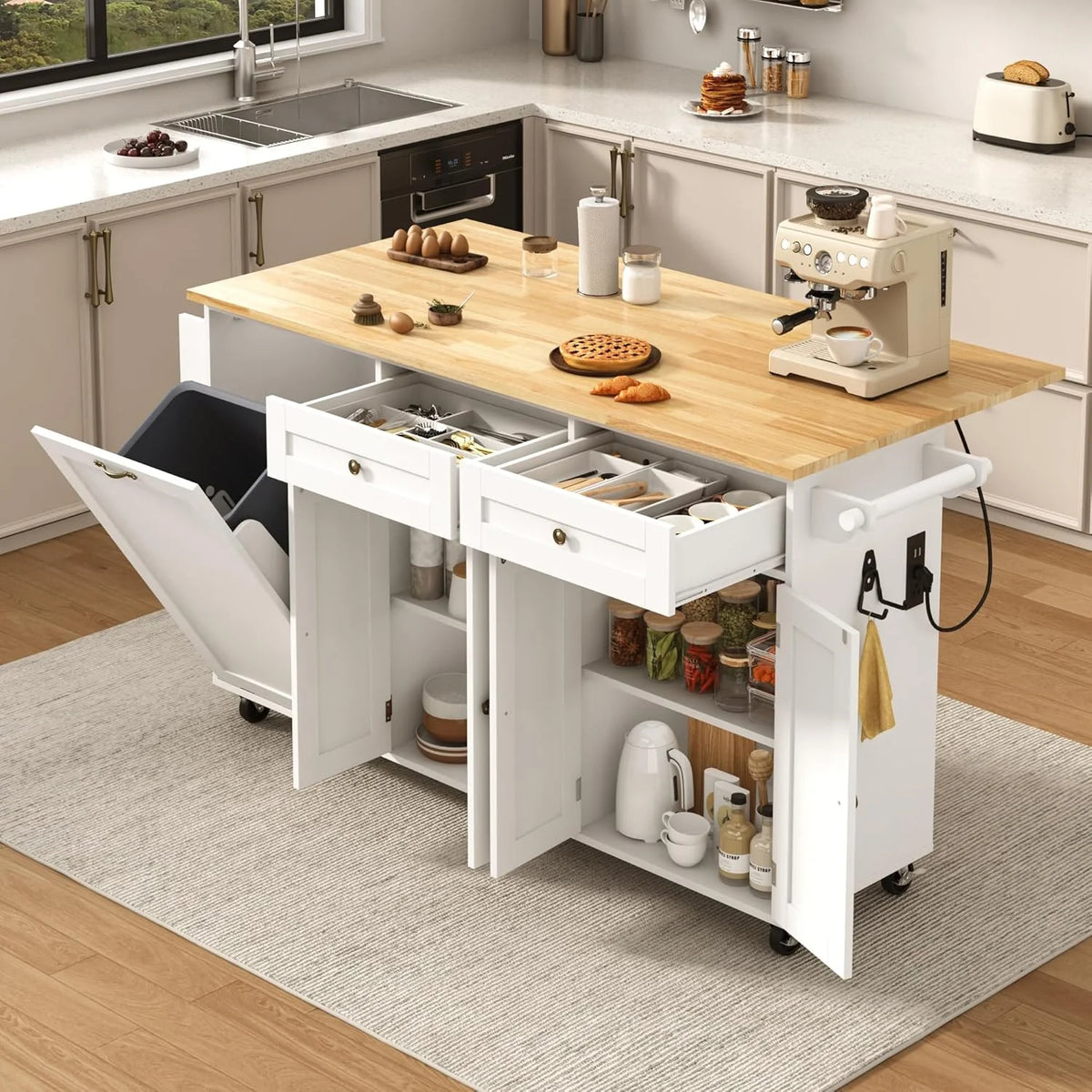 ANPOO 67" Rolling Kitchen Island with Drop Leaf, Tilt Out Kitchen Trash Cabinet 10 Gallon Storage, Kitchen Cart Island with Rubber wood Top, Spice Rack and Drawers