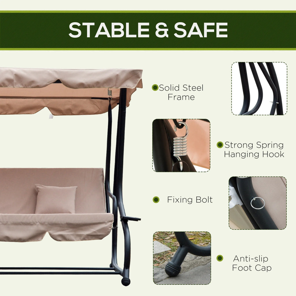 Outsunny 3-Seat Steel Outdoor Canopy Porch Swing with Cushions and Pillows, Light Brown
