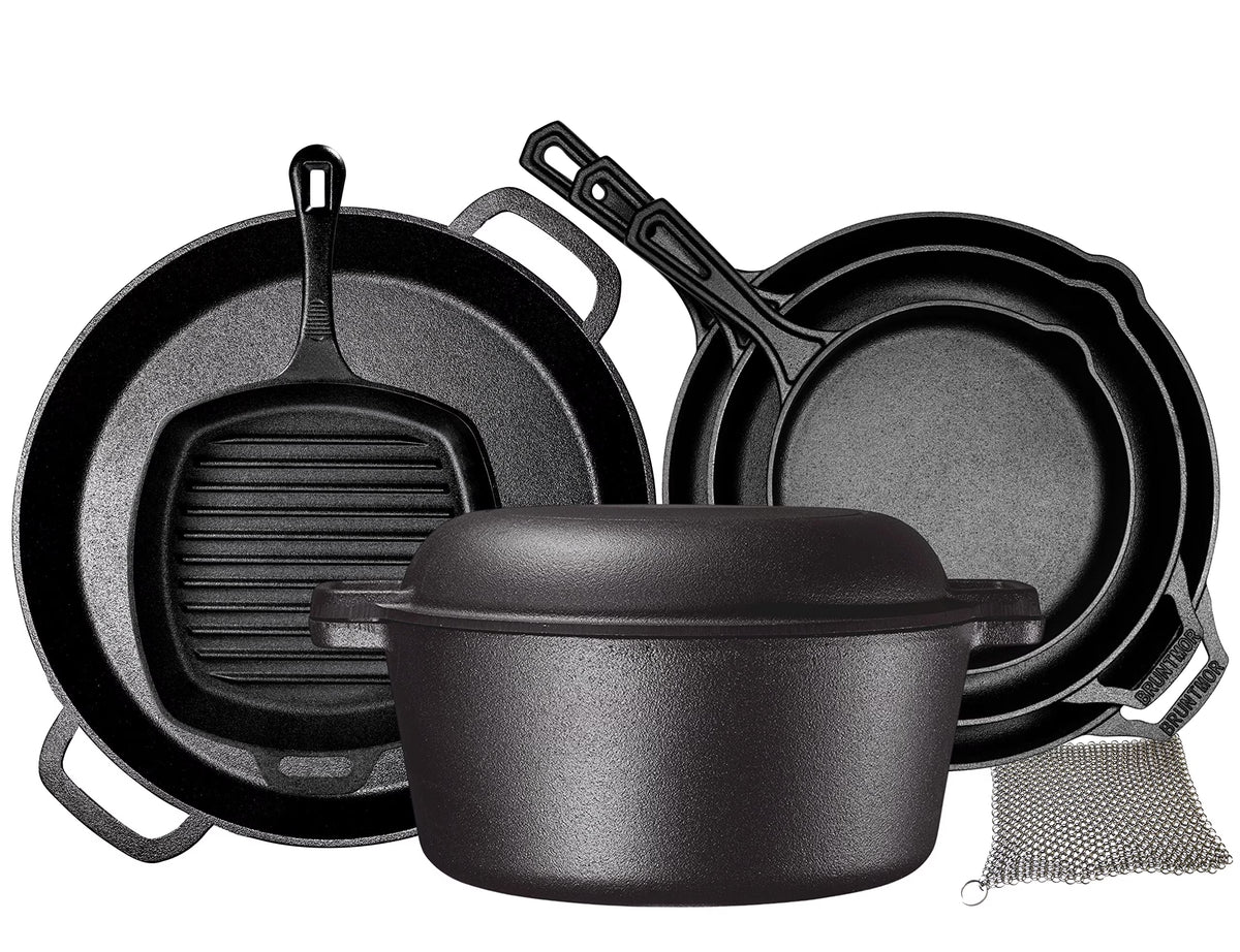 Bruntmor Pre-Seasoned Cast Iron Cookware Set - 8-Piece Bundle with Skillets, Grill Pan, Dutch Oven, Pizza Pan, and Utensils - Durable Pots and Pans Set for Cooking - Ideal Gift for Home or Camping