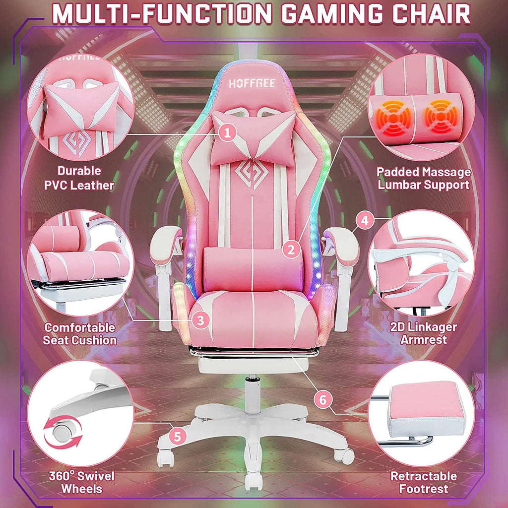 Hoffree Gaming Chair with Bluetooth Speakers and Footrest Massage Office Chair with LED Lights Ergonomic Game Chair High Back with Lumbar Support and Headrest Adjustable Swivel for Adults 300lb