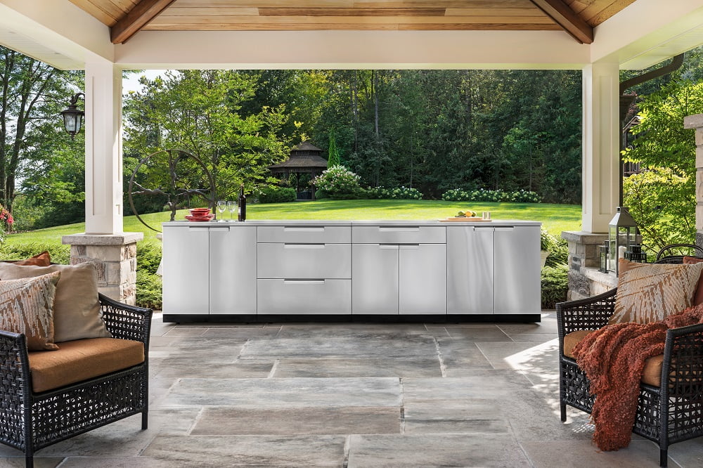 NewAge Products Outdoor Kitchen 4 Piece Cabinet Set in Stainless Steel with Countertop and Covers